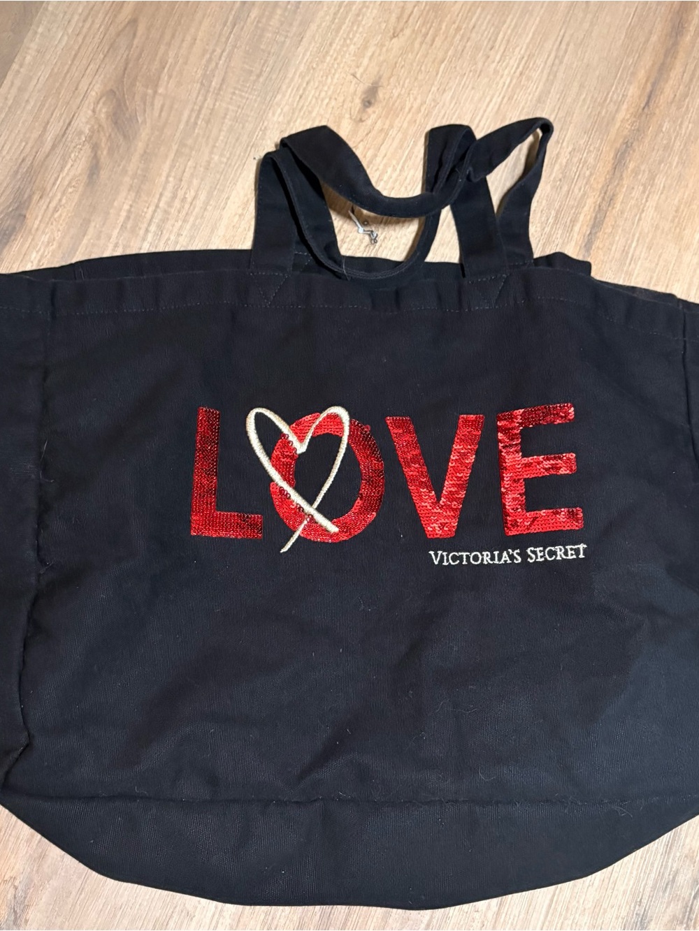 Victoria's Secret Black Tote with Red Sequin LOVE and Cream Heart